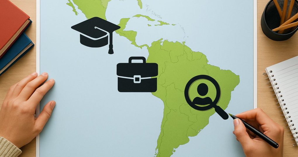 Illustration depicting a map of Latin America with symbols for graduation, employment, and internship search.