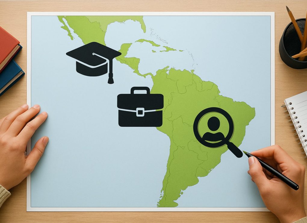 Illustration depicting a map of Latin America with symbols for graduation, employment, and internship search.
