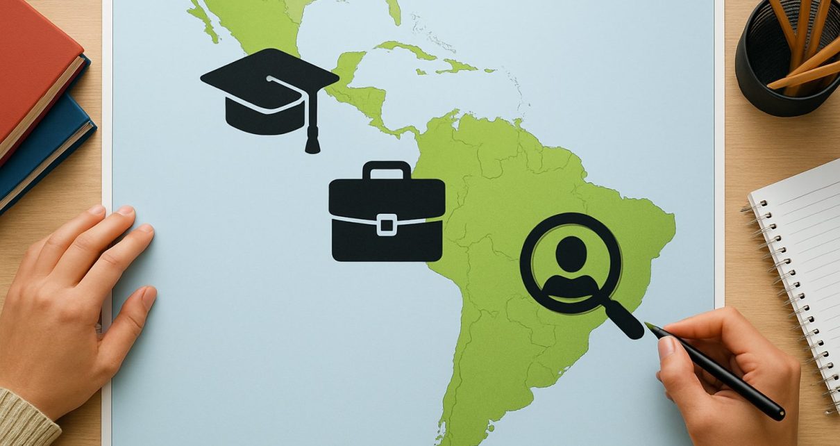 Illustration depicting a map of Latin America with symbols for graduation, employment, and internship search.
