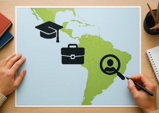 Illustration depicting a map of Latin America with symbols for graduation, employment, and internship search.