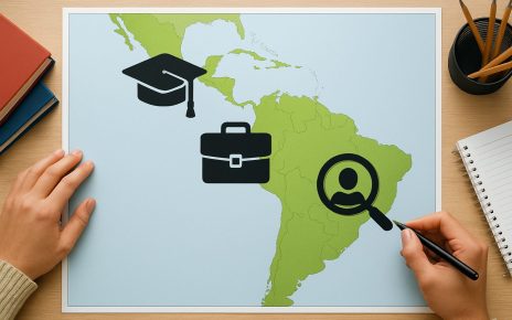Illustration depicting a map of Latin America with symbols for graduation, employment, and internship search.