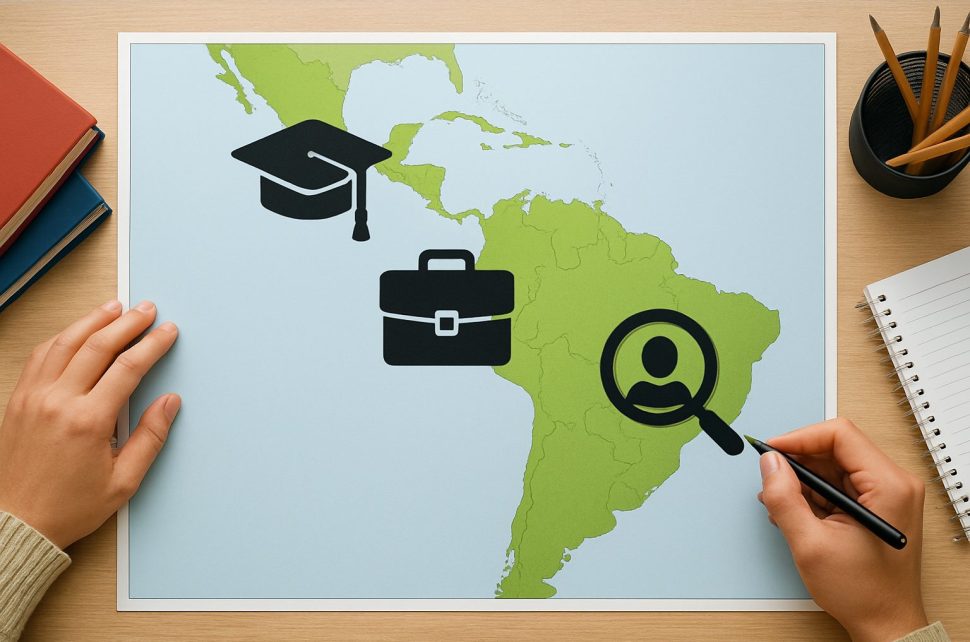 Illustration depicting a map of Latin America with symbols for graduation, employment, and internship search.
