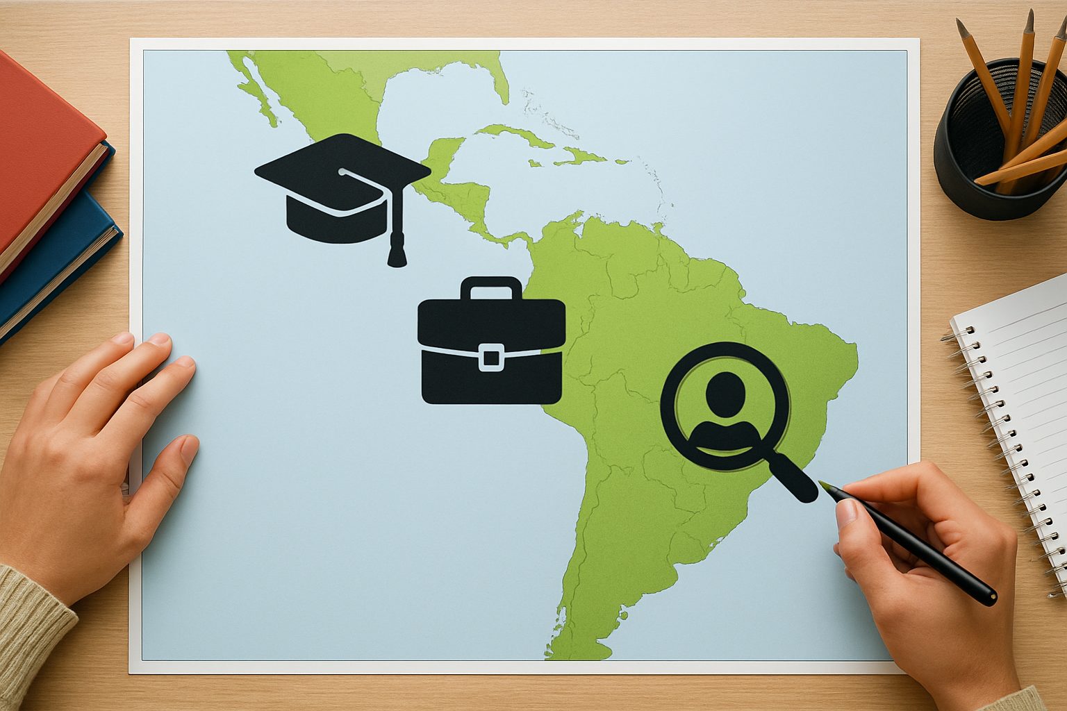 Illustration depicting a map of Latin America with symbols for graduation, employment, and internship search.