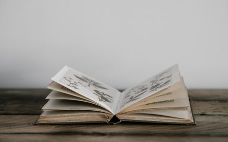An open vintage book with illustrated pages on a wooden table.