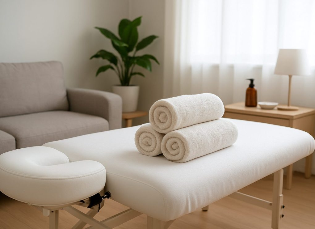 A massage table with rolled towels in a calming room setting featuring a plant and soft lighting.