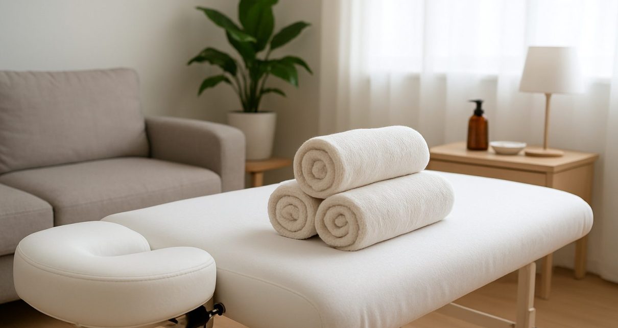 A massage table with rolled towels in a calming room setting featuring a plant and soft lighting.
