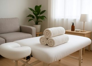 A massage table with rolled towels in a calming room setting featuring a plant and soft lighting.