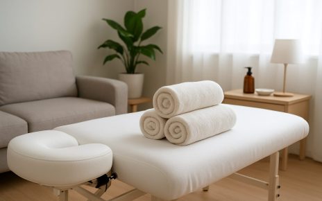 A massage table with rolled towels in a calming room setting featuring a plant and soft lighting.