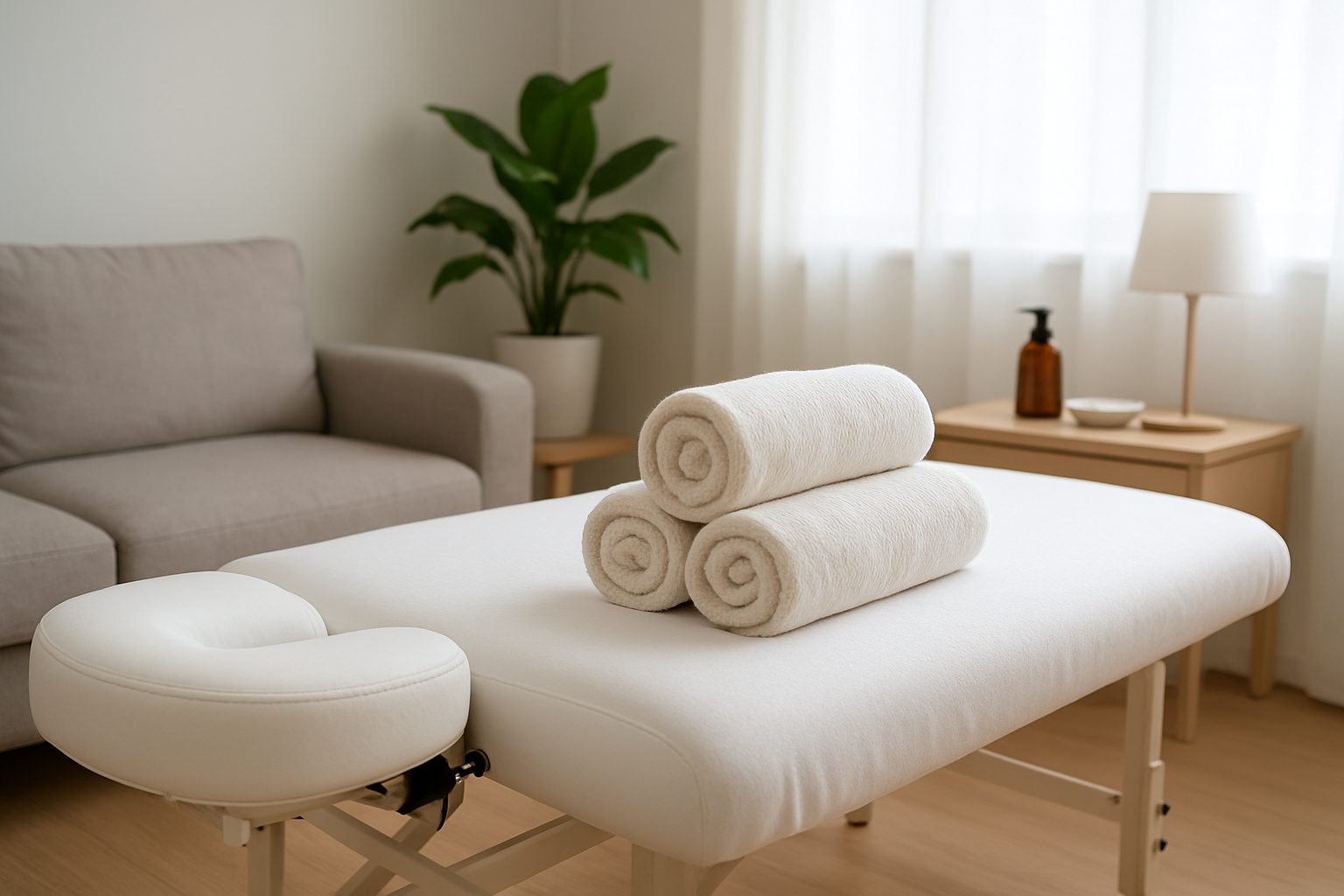 A massage table with rolled towels in a calming room setting featuring a plant and soft lighting.