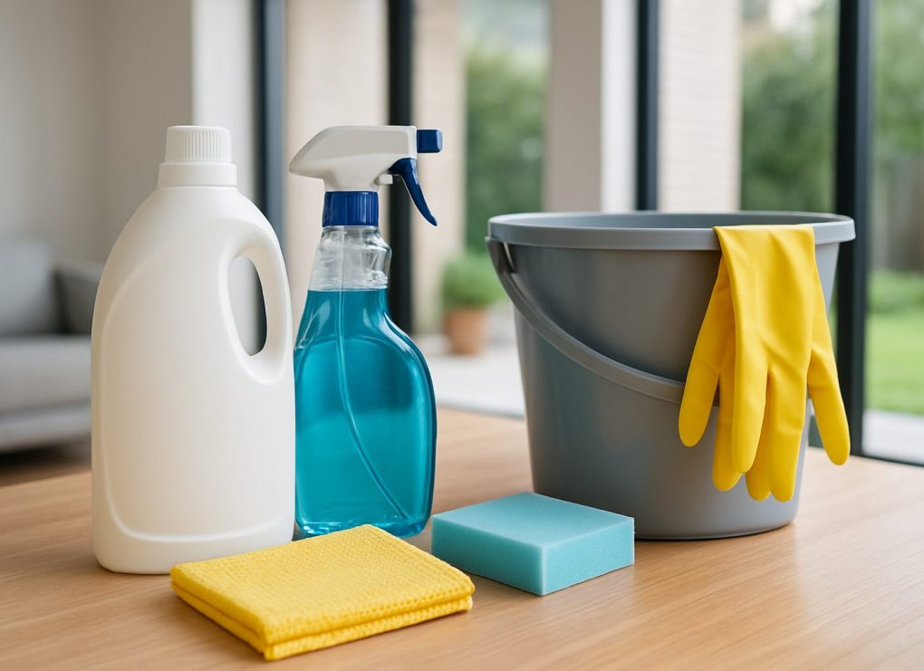Cleaning supplies including a spray bottle, gloves, sponges, and a bucket on a wooden surface