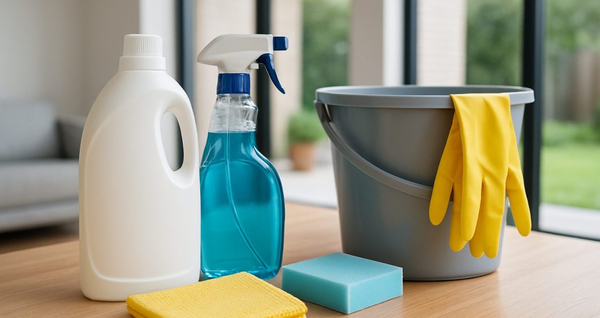Cleaning supplies including a spray bottle, gloves, sponges, and a bucket on a wooden surface
