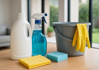 Cleaning supplies including a spray bottle, gloves, sponges, and a bucket on a wooden surface