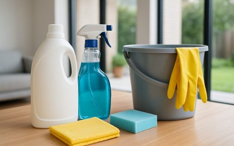 Cleaning supplies including a spray bottle, gloves, sponges, and a bucket on a wooden surface