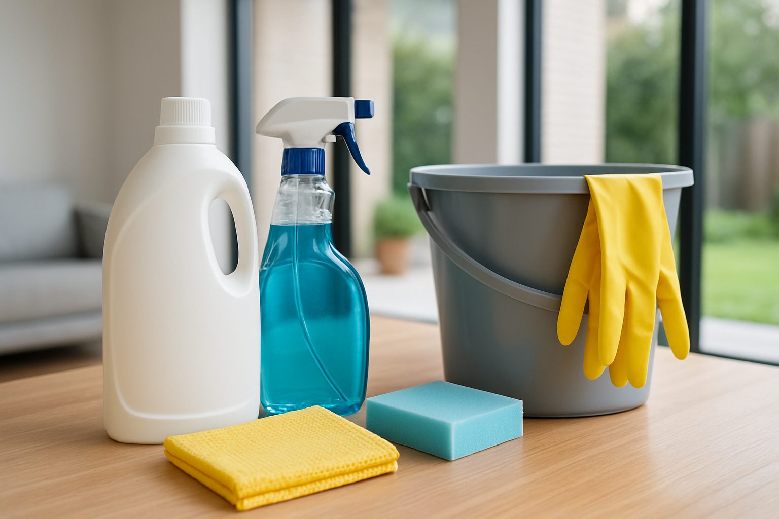 Cleaning supplies including a spray bottle, gloves, sponges, and a bucket on a wooden surface